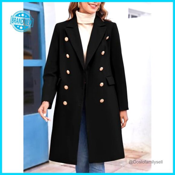 Elegant Notched Collar Double Button Slim Long Wool Blend Pea Coat Jacket - Picture 3 of 7